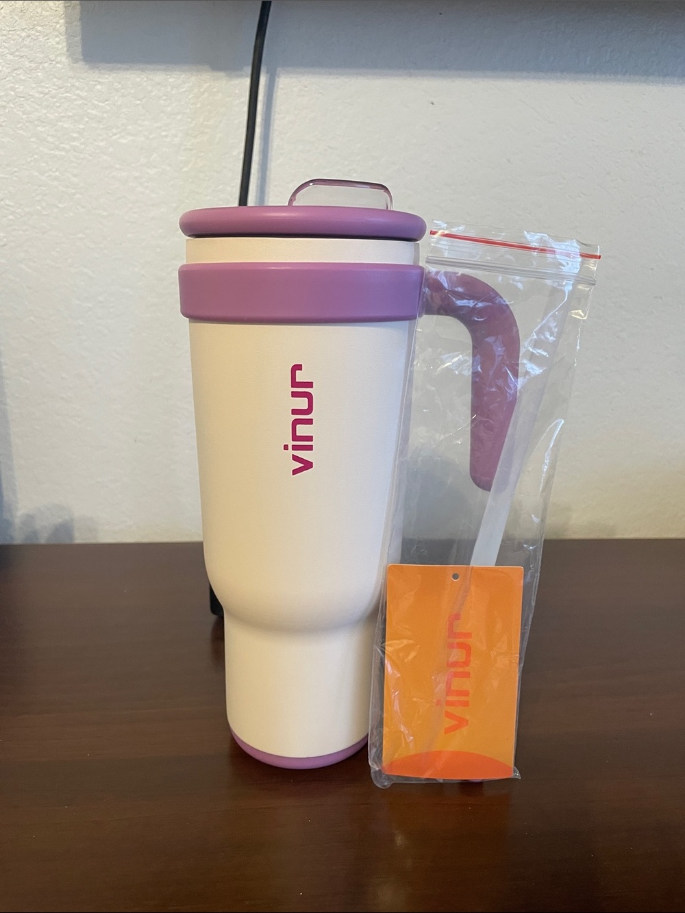 Pink & White Insulated Travel Mug with Handle